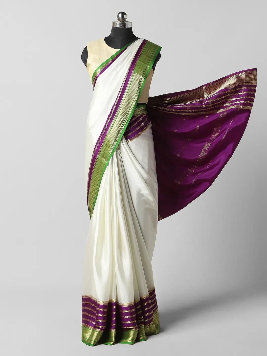 Pure Mysore Silk  - Half White With Purple colour QA255116