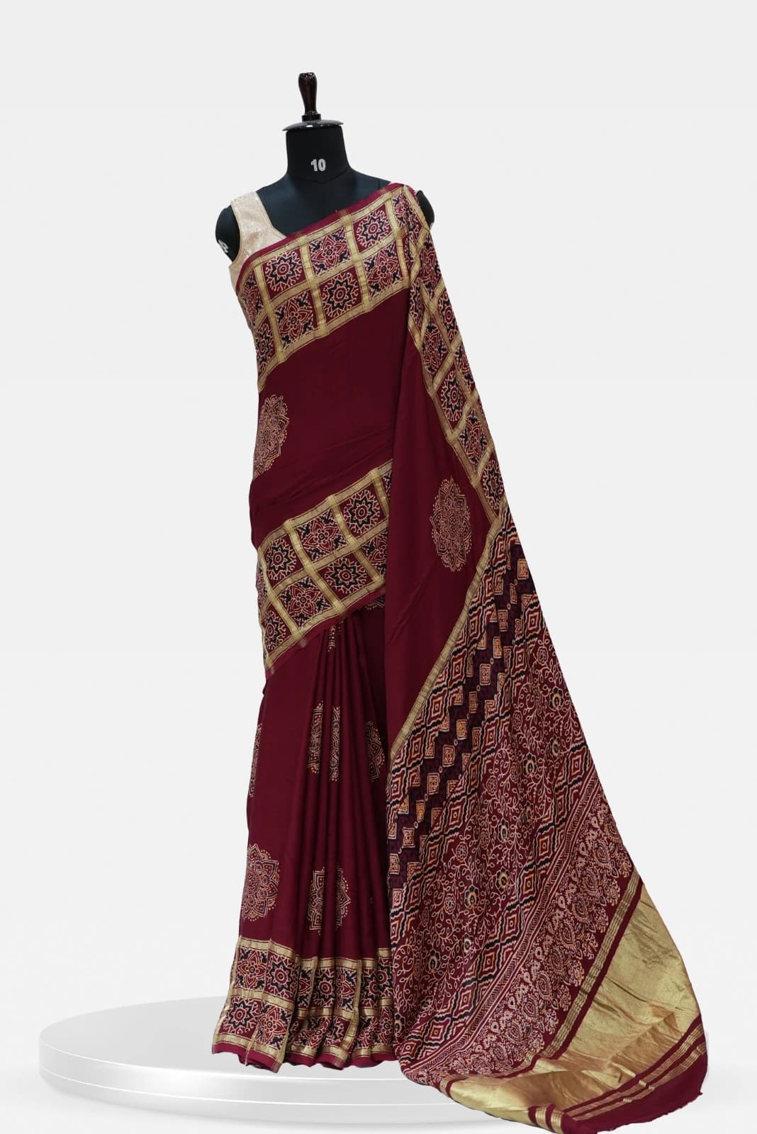 Ajrakh Saree Maroon with Golden Border and Traditional Motifs QS243396