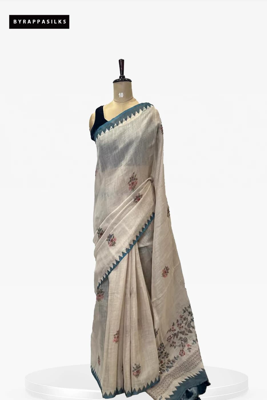 Semi Linen Handloom Beige & Teal Border QS272039