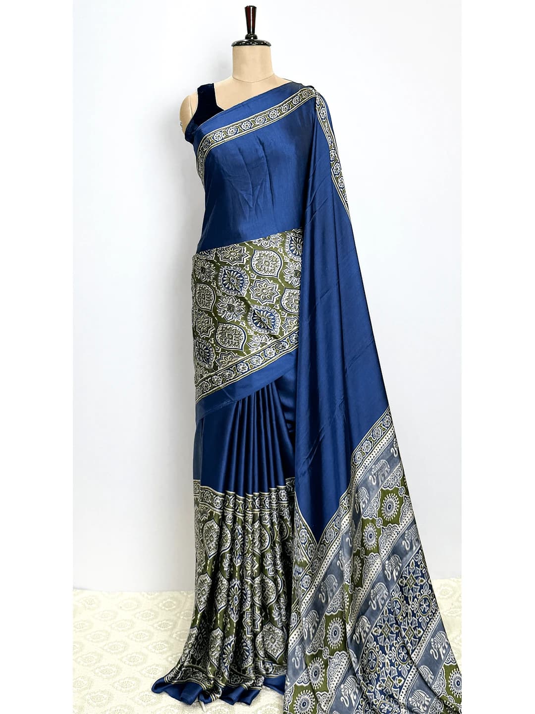Ajrakh Print Sarees - Dark Blue Colour - QS215527