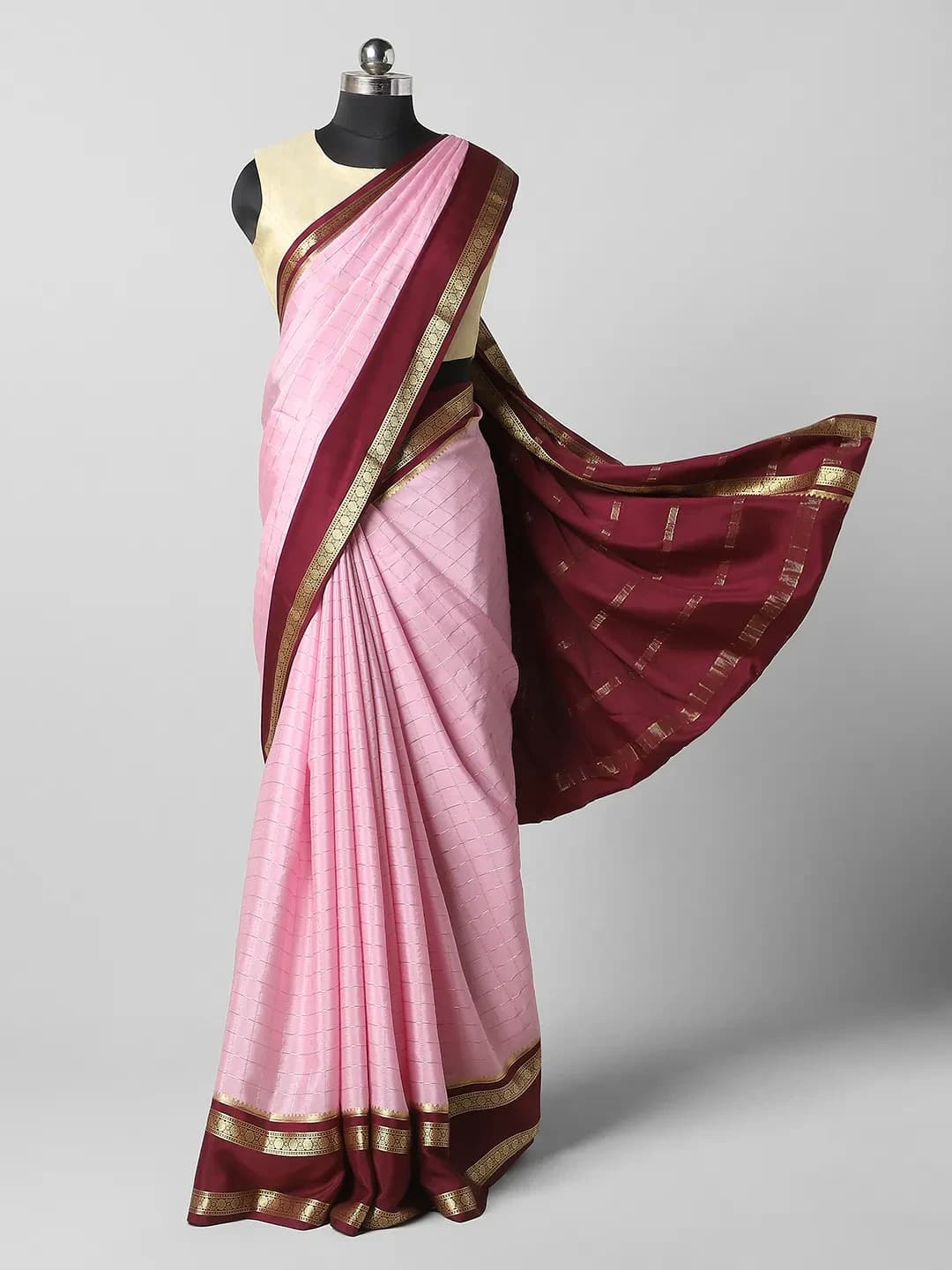 Pure Mysore Silk - Pink With Maroon ColourQA255094