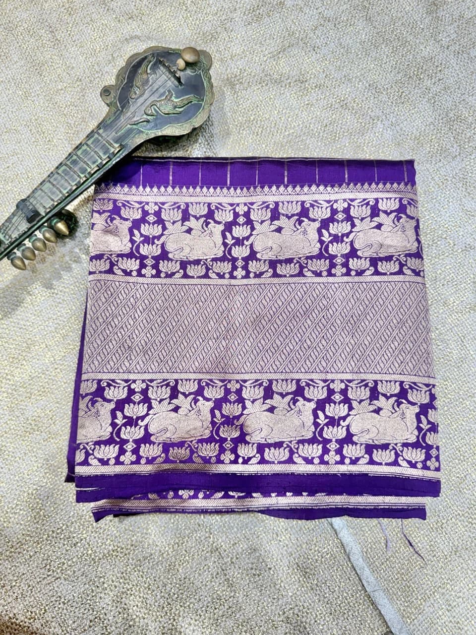 Puna Banarasi Handloom Royal Purple wide central panel of diagonal zari lines QS206169