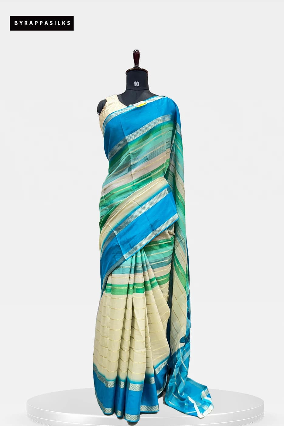 Wrinkle Crape Pure Mysore Silk Saree Aqua Blue & Cream QW203024