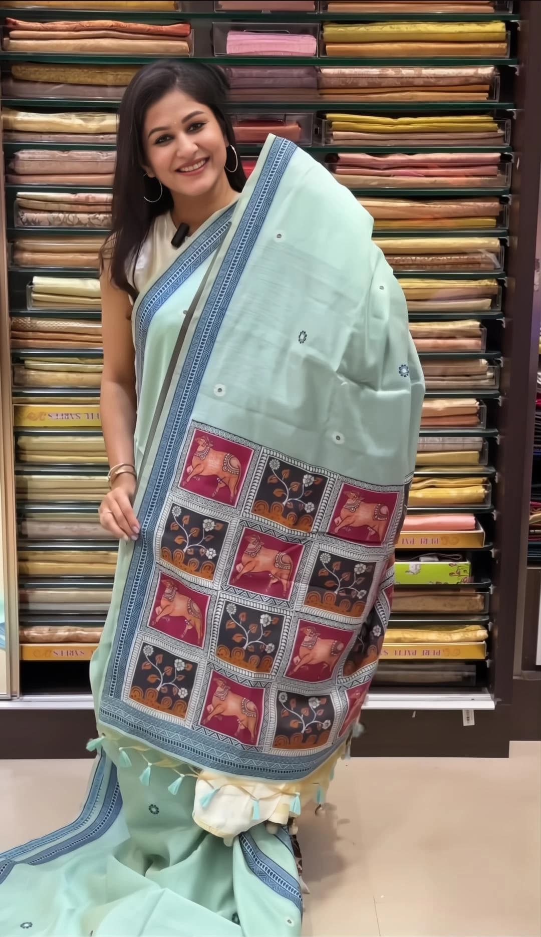 Semi Linen Handloom Saree Mint Green with Pichwai Print QS267319