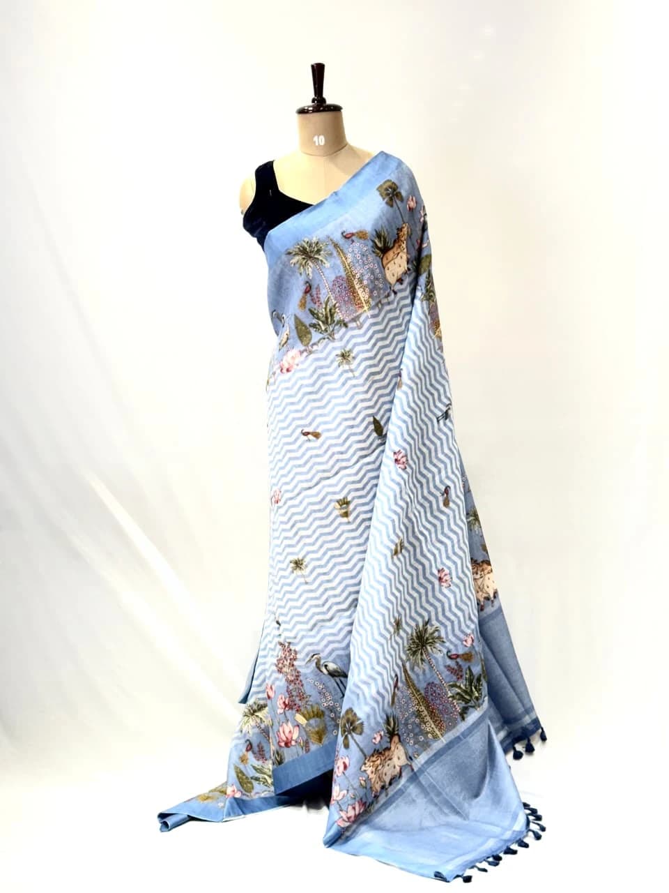 Linen Printed Saree Blue Floral Bird QS271802