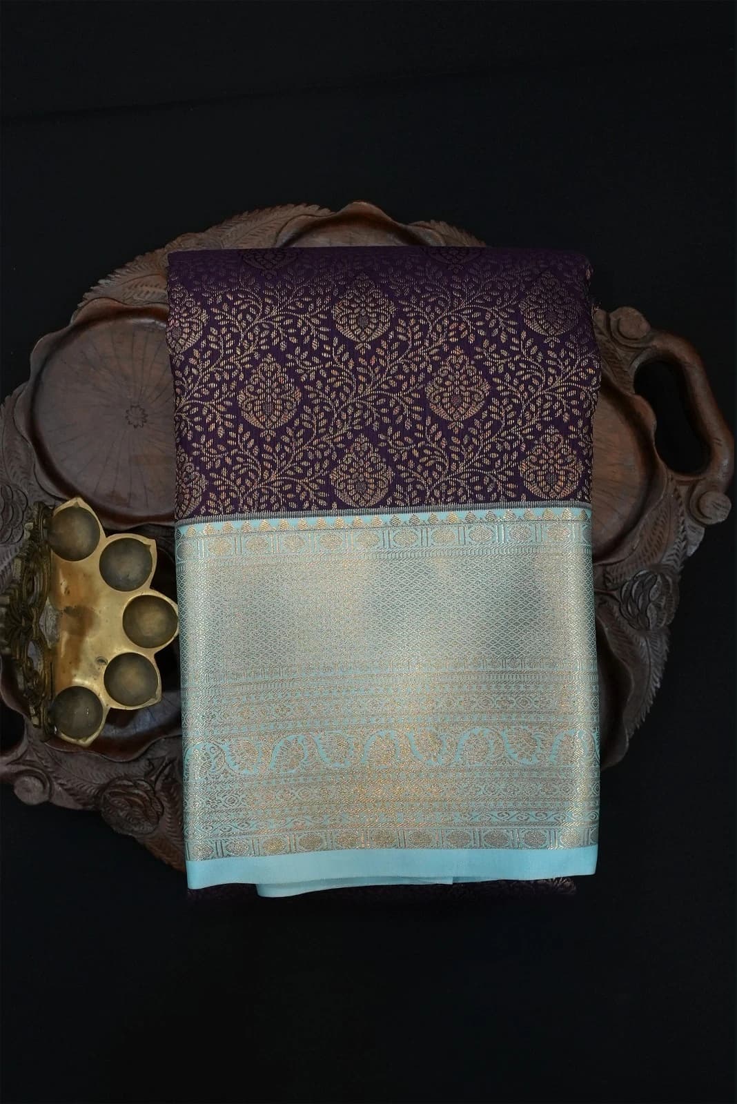 Tissue Brocade Saree - Dark Purple With Sky Blue Border - QS235932
