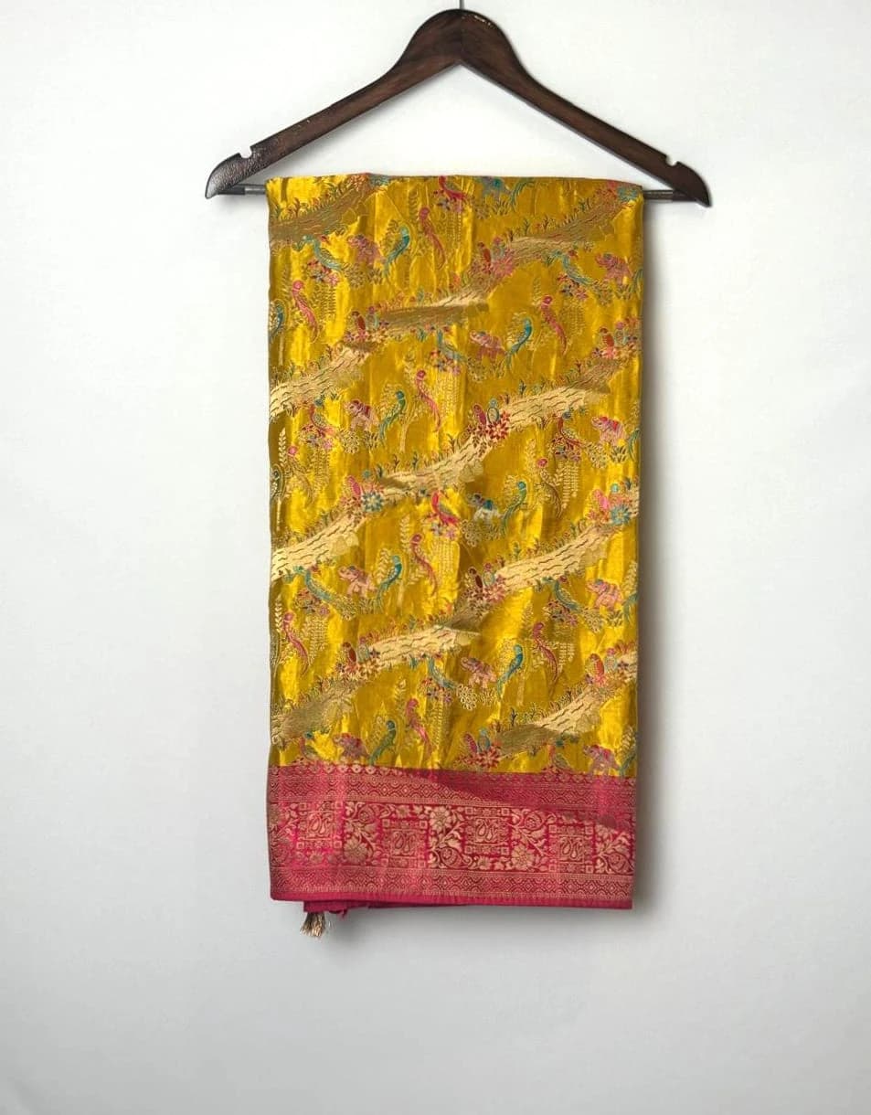 Rangkat Banarasi Yellow Brocade Silk Saree with Multi-Colored Bird Motifs QS262845