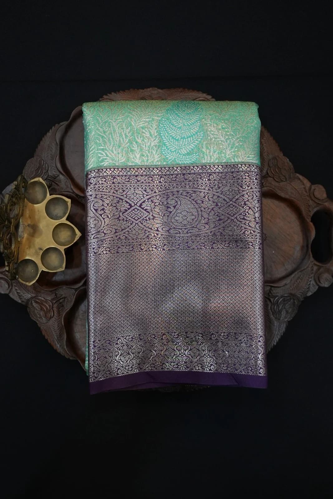 Tissue Brocade Saree - Mint Green With Purple Border QS235732
