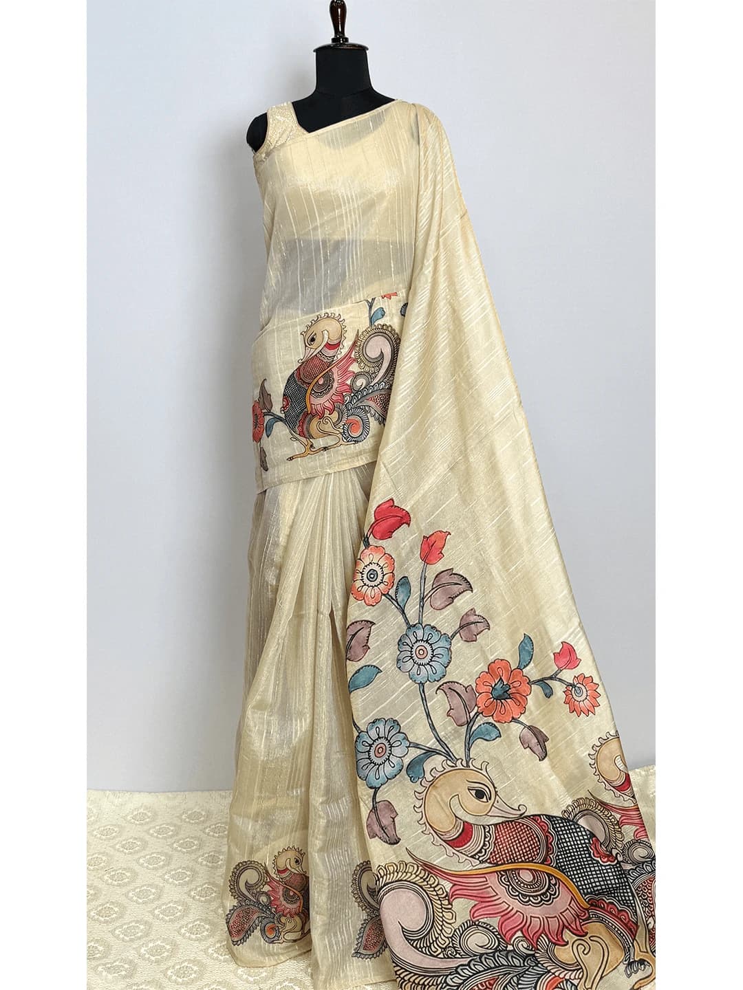Linen Printed Saree - Cream Colour - QS214303