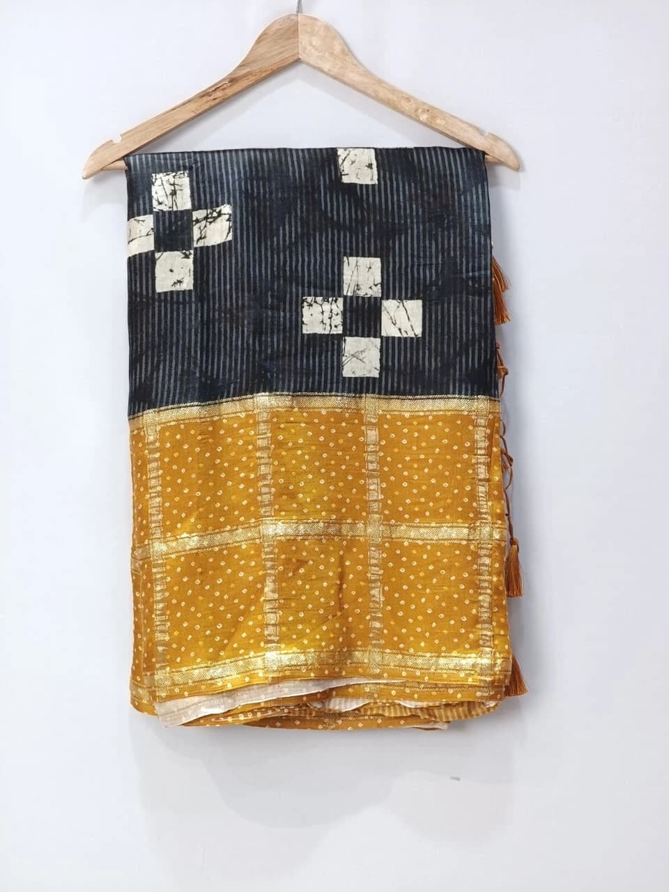 Bandhani Blast -Black & Mustard Yellow Batik Print Saree with Golden Border