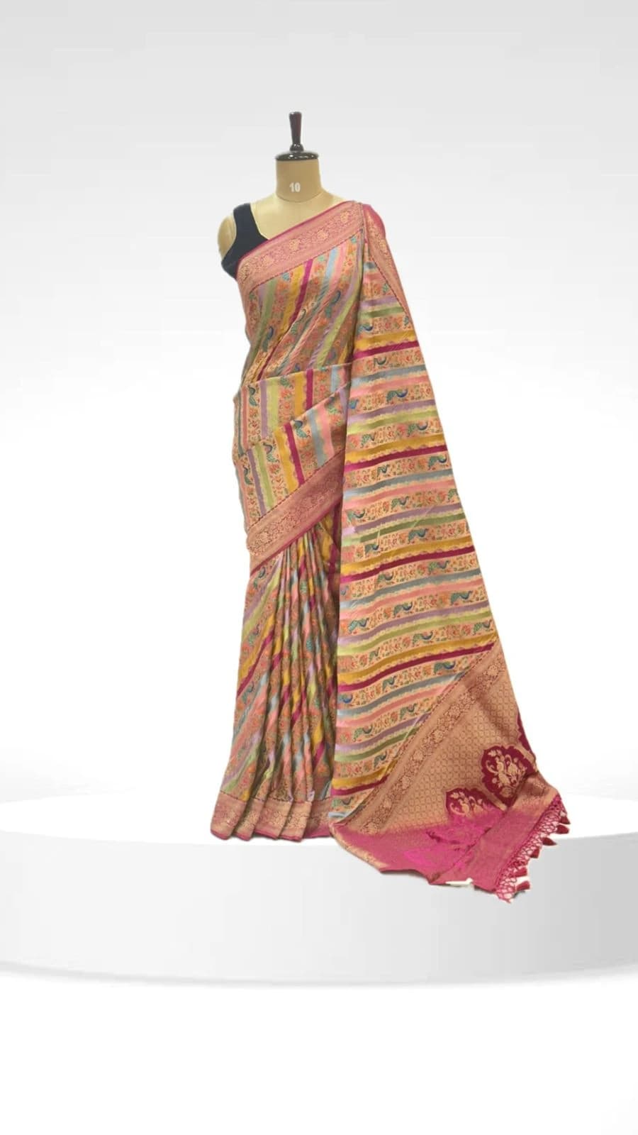 Rangkat Banarasi Saree Multicolor with Peacock & Floral Motifs and Magenta Zari Border QS239062