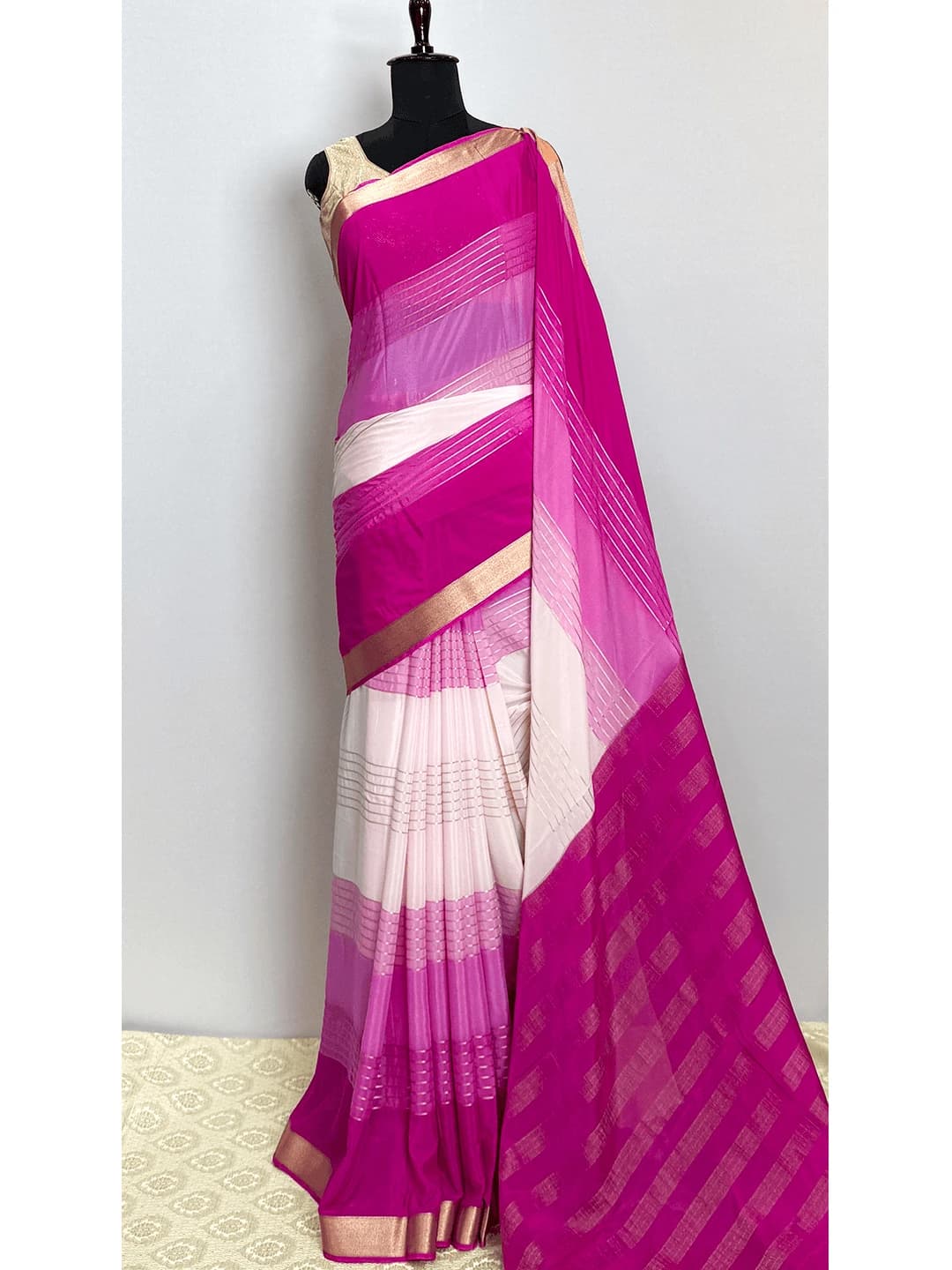 Crape Saree - Pink with White Colour - QS218352