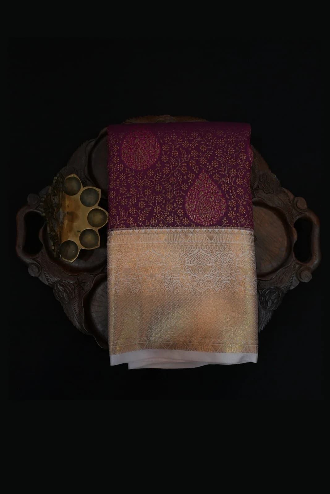 Tissue Brocade Saree Deep Maroon/Purple with Gold and Off-White/Silver Border QS235909