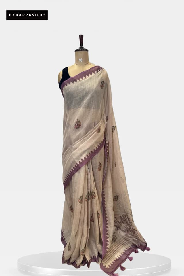 Semi Linen Handloom Beige & Maroon Border QS272039