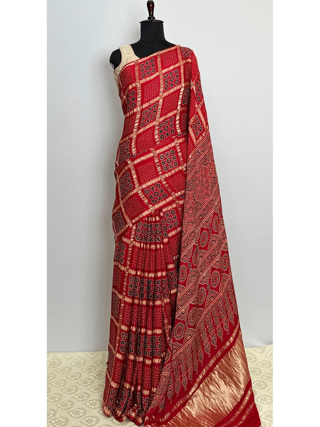 Ajrakh Modal Printed Saree - Red Colour - QS213344