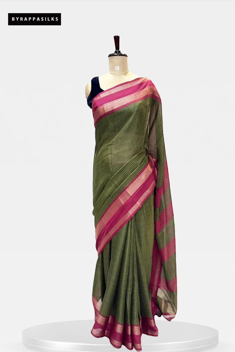 Chiffon Saree Olive Green Checked Saree with Rani Pink Border QS272946