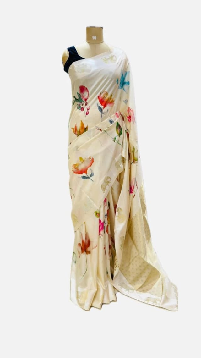 Printed Semi Tussar Rose Motif Elephant Border QS255940