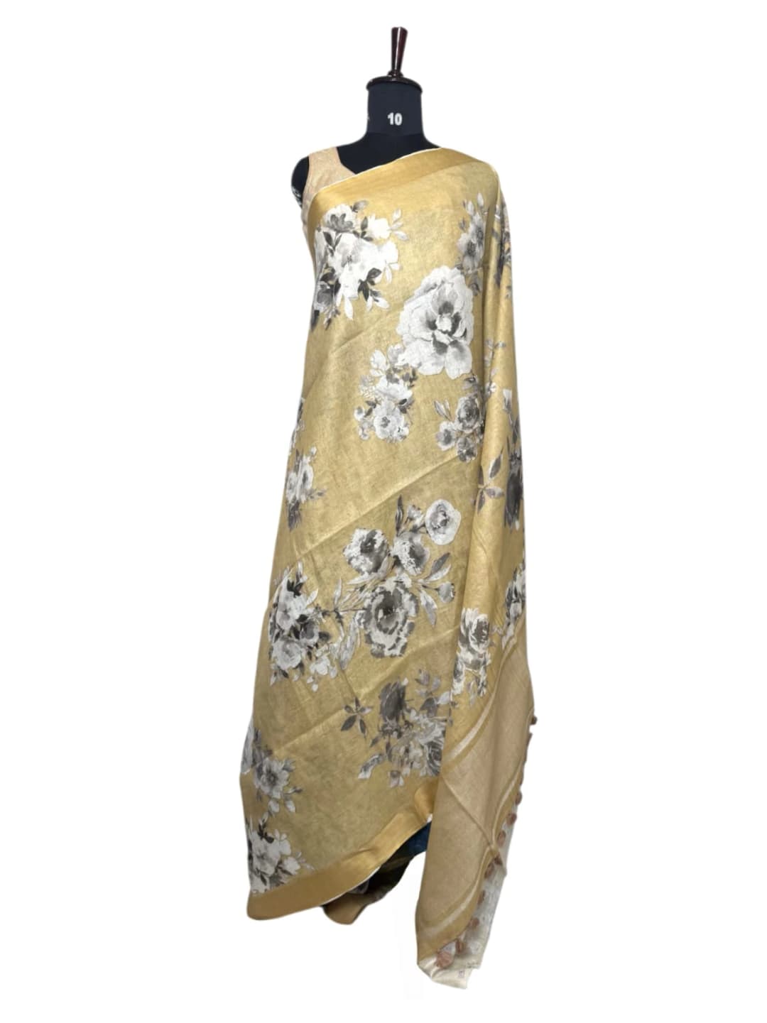 Pure Linen Golden Beige Floral Print Saree QS271798