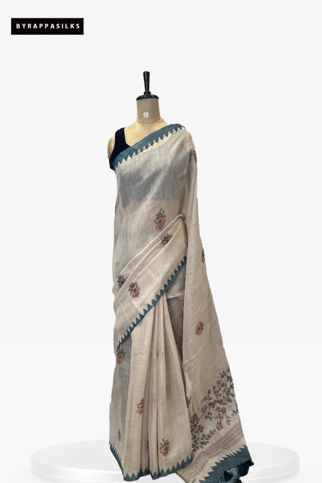Semi Linen Handloom Beige & Teal Border QS272039