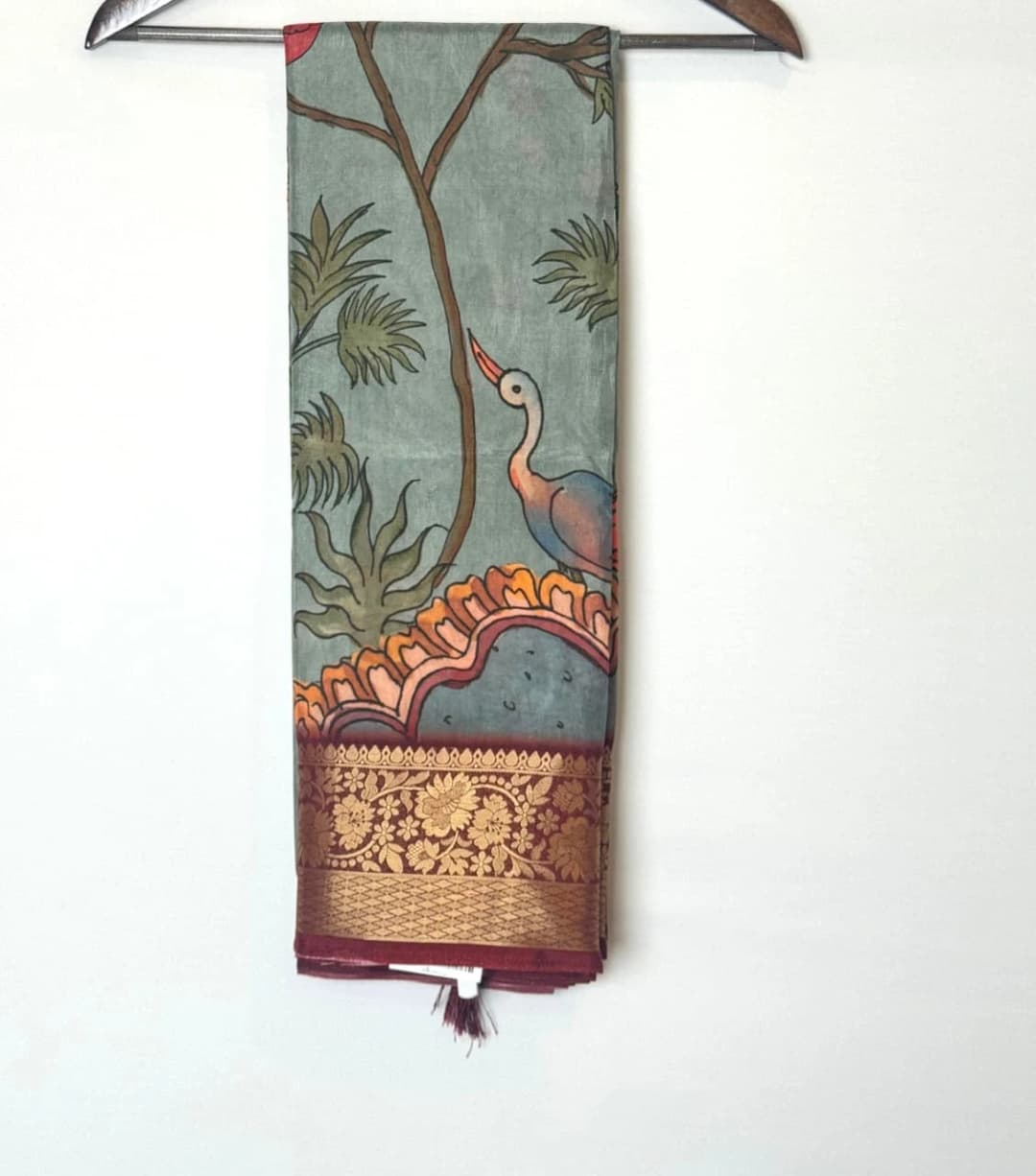 Kalamkari Saree Artistic Pastel Green Saree with Kalamkari-Style Bird & Tree Print QS260963
